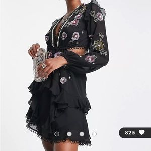 ASOS DESIGN soft ruffle mini dress with floral sequin embellishment in black
